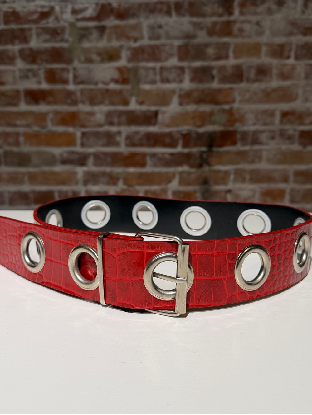 Women's Red Grommet Croco Faux Leather Belt